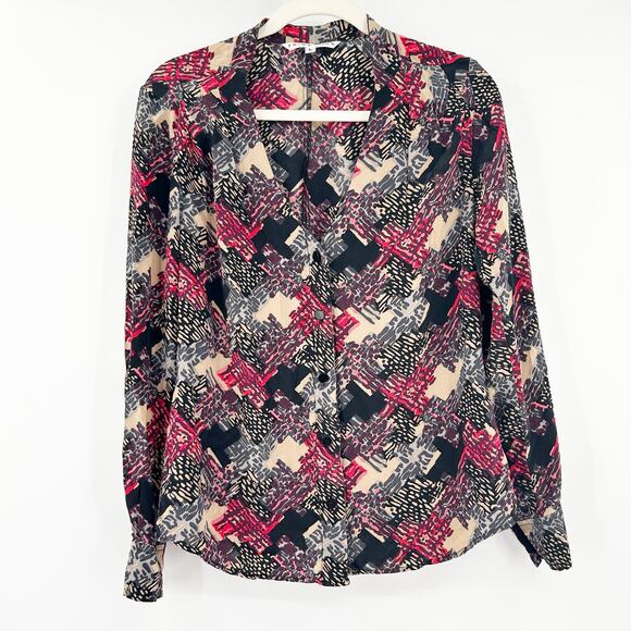 Trina Turk Womens Artsy Abstract Print 100% Silk Long Sleeve‎ Button Up Blouse L - Picture 1 of 6